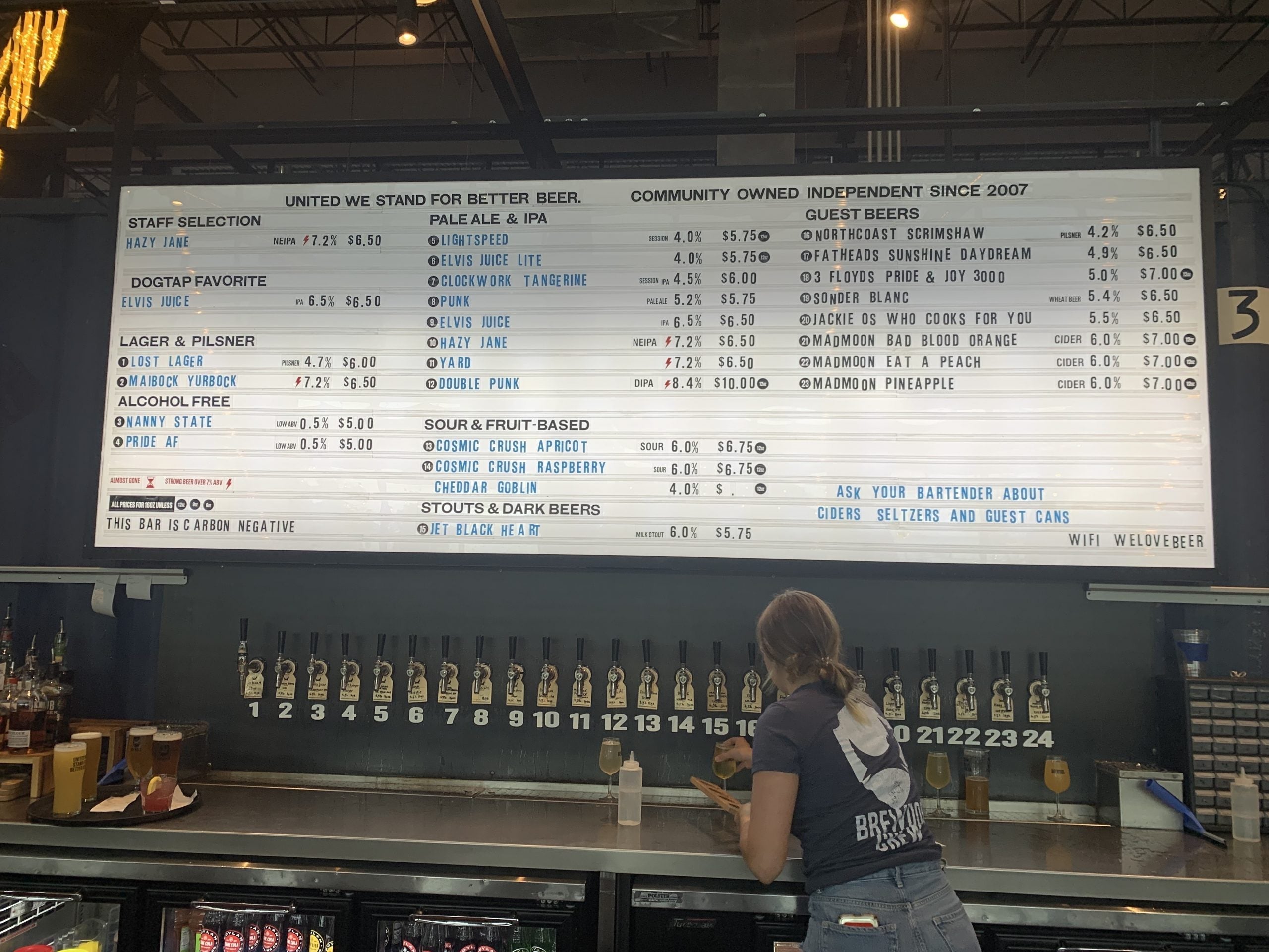 Beer options at BrewDog's Taproom.