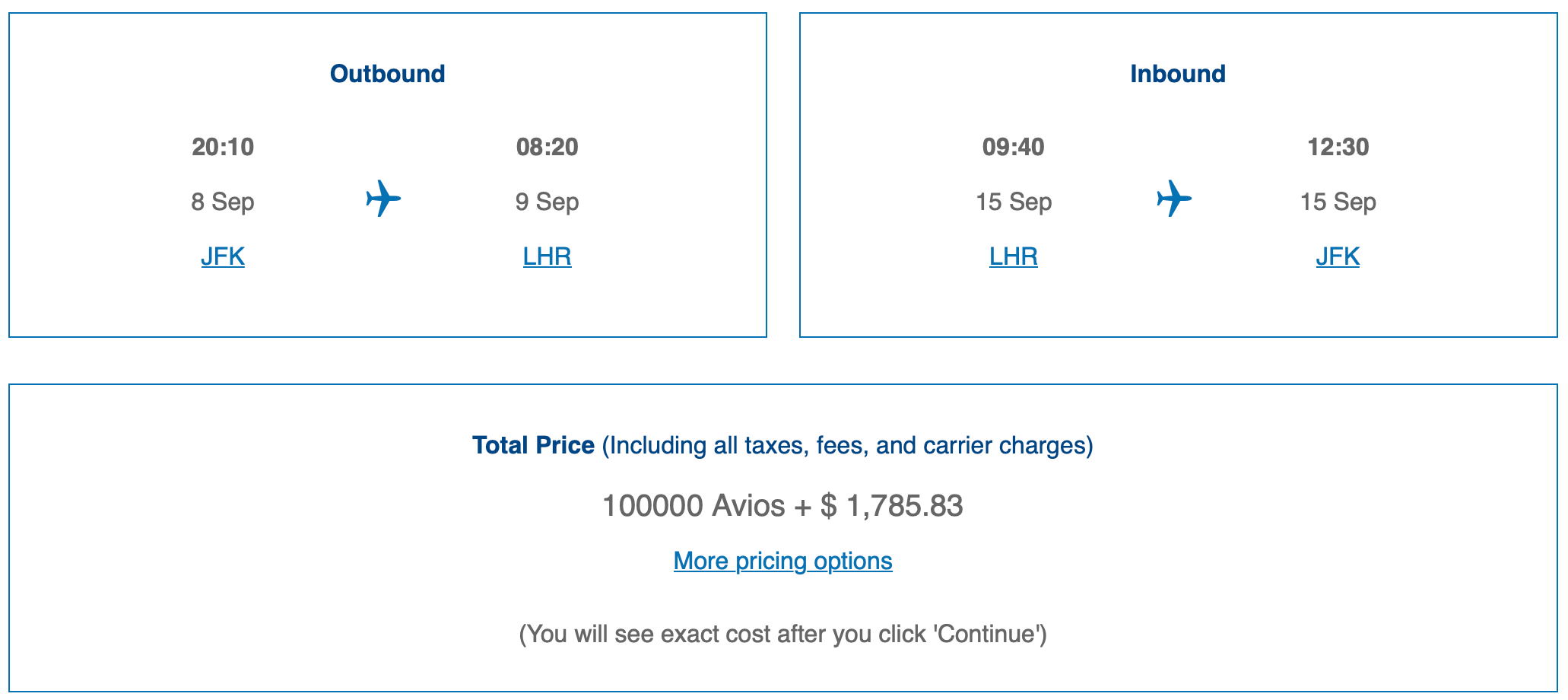 JFK to LHR BA award ticket