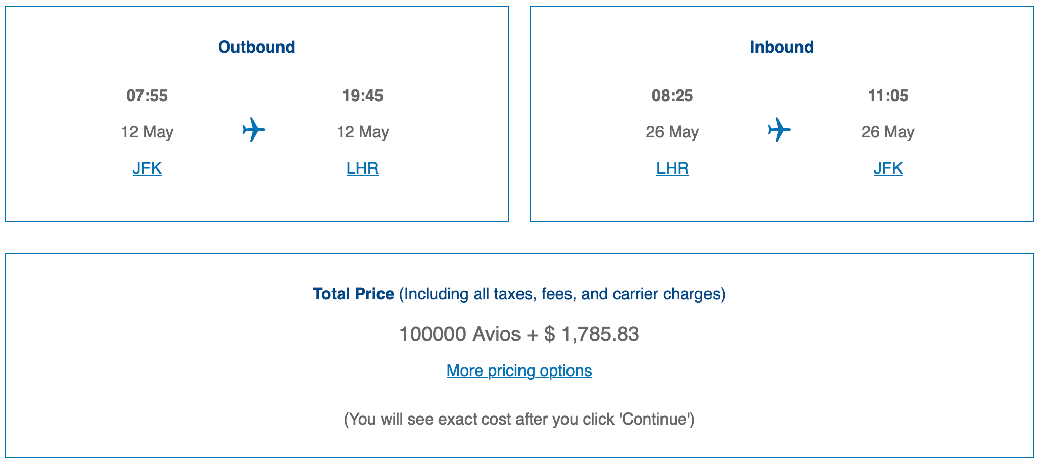 JFK to LHR round-trip BA award ticket pricing