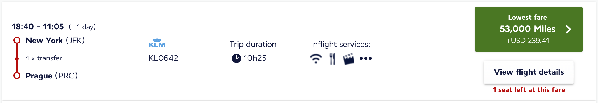 JFK to PRG Flying Blue award ticket on KLM