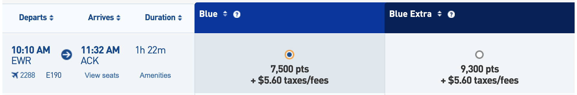 JetBlue award flight from Newark to Nantucket