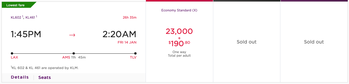 KLM award pricing LAX to TLV via AMS with Virgin points
