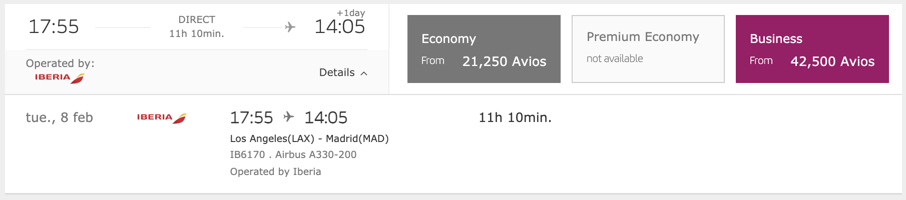 LAX to MAD Iberia off-peak award