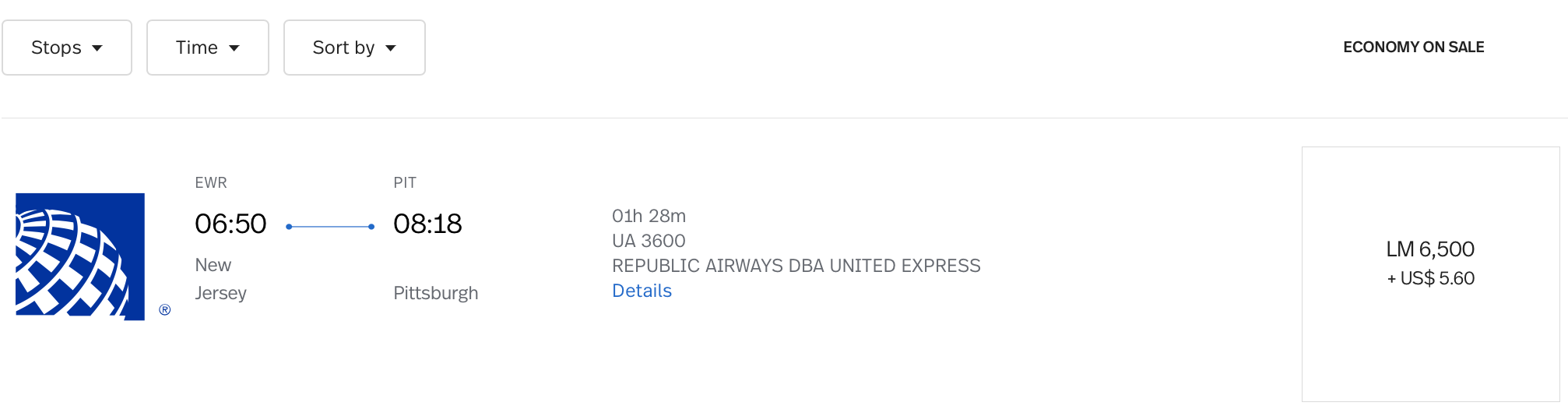 LifeMiles award from PIT to EWR on United