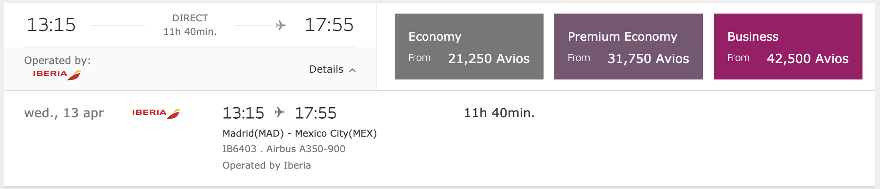 MEX to MAD Iberia off-peak award