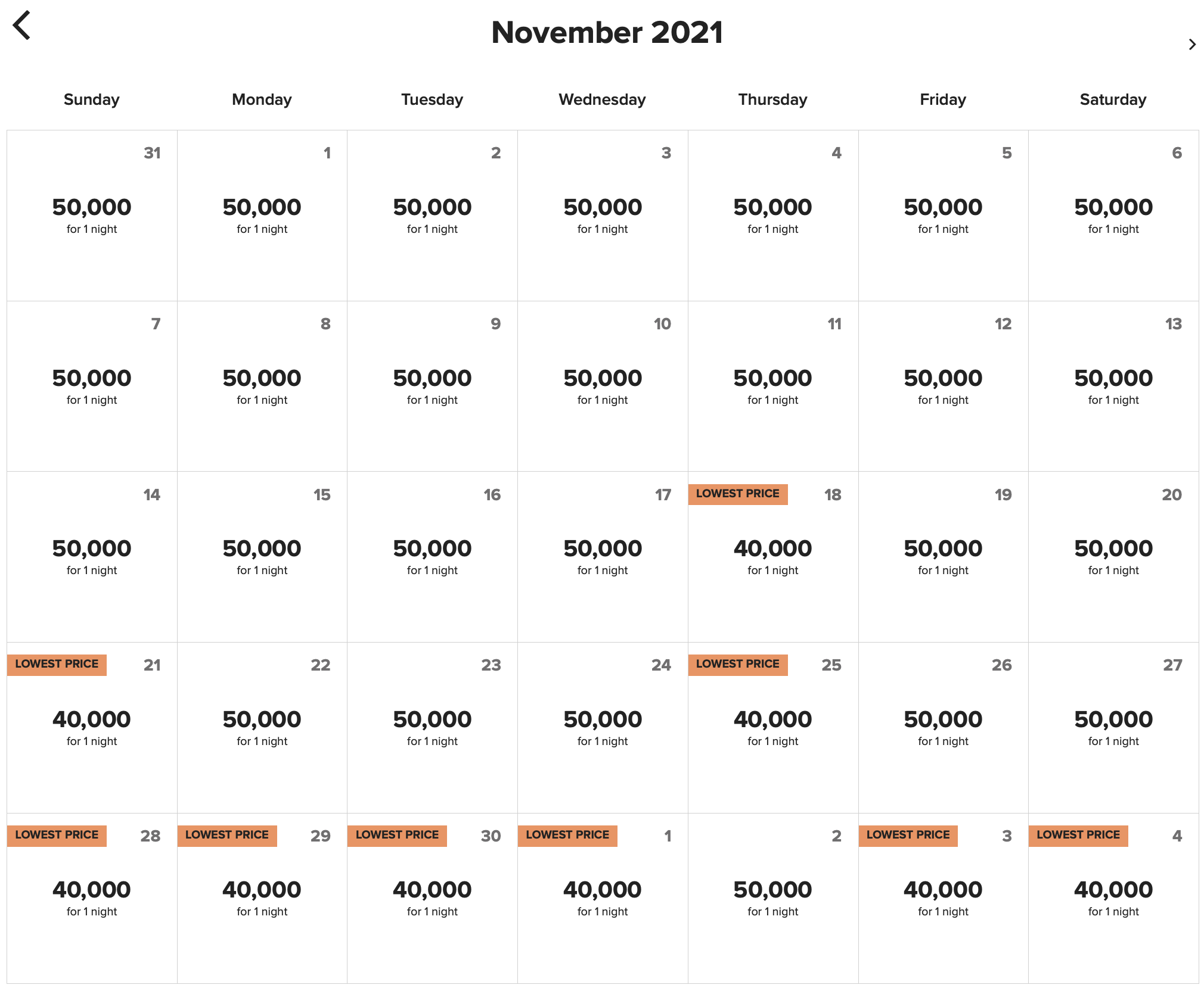 Marriott award calendar for Le Meridien Nice in November and early December