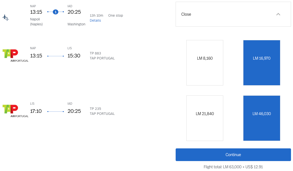NAP to IAD via LIS LifeMiles award ticket