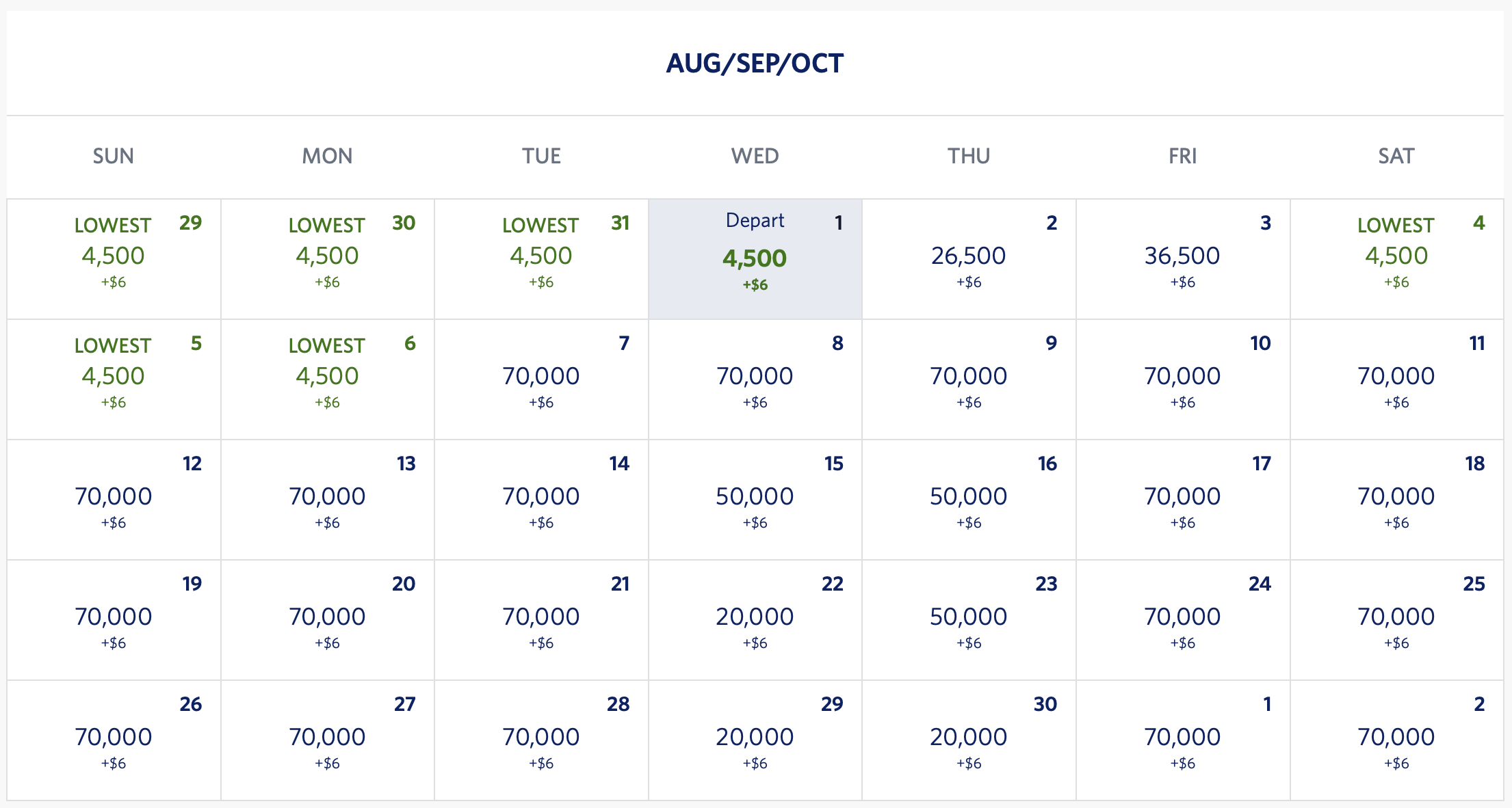 NYC to ACK SkyMiles calendar
