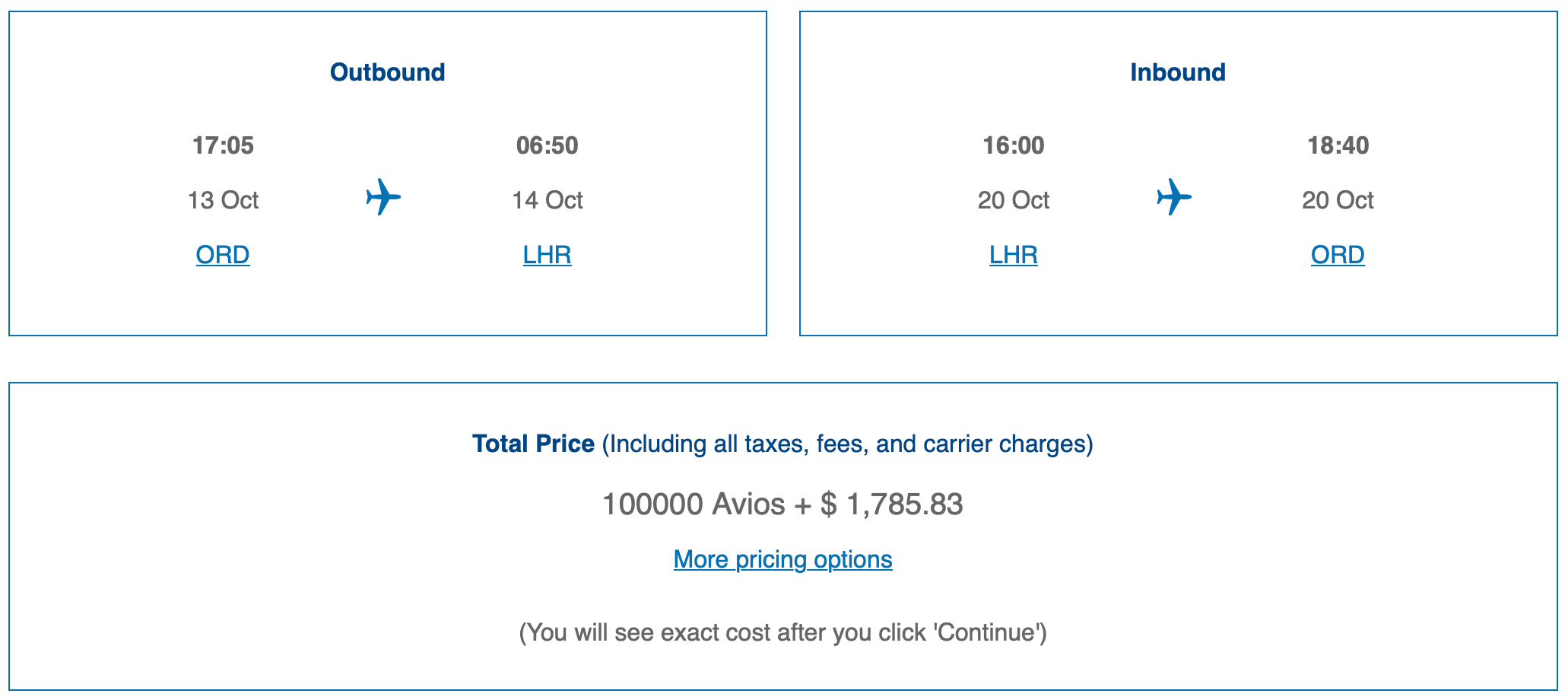 ORD to LHR BA award ticket