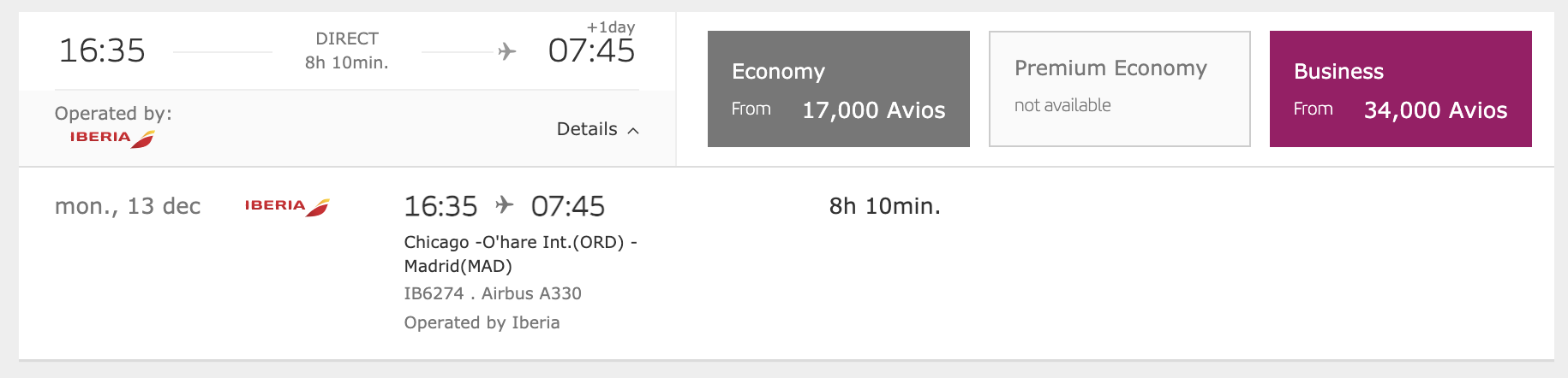 ORD to MAD Iberia off-peak award