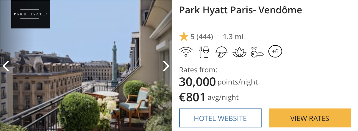 Park Hyatt Paris Vendome points and cash pricing in December