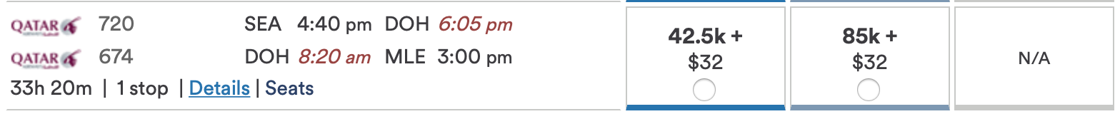 SEA to MLE via DOH Alaska search