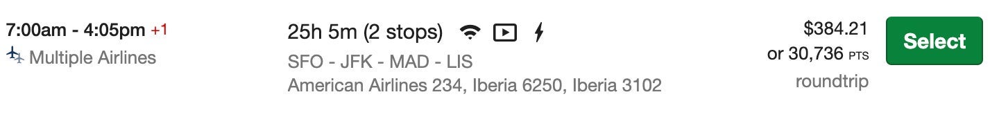 SFO-LIS award ticket 30,736 ultimate rewards