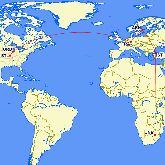STL to JNB route map