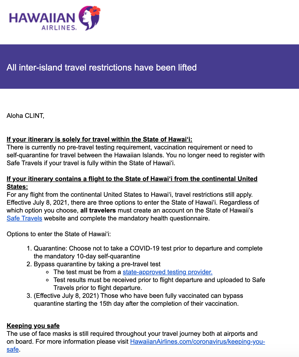 Screenshot of email from Hawaiian Airlines saying inter-island travel restrictions have lifted.