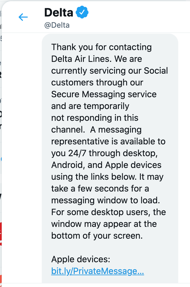 Screenshot of a Tweet from Delta showing they aren't monitoring social media.
