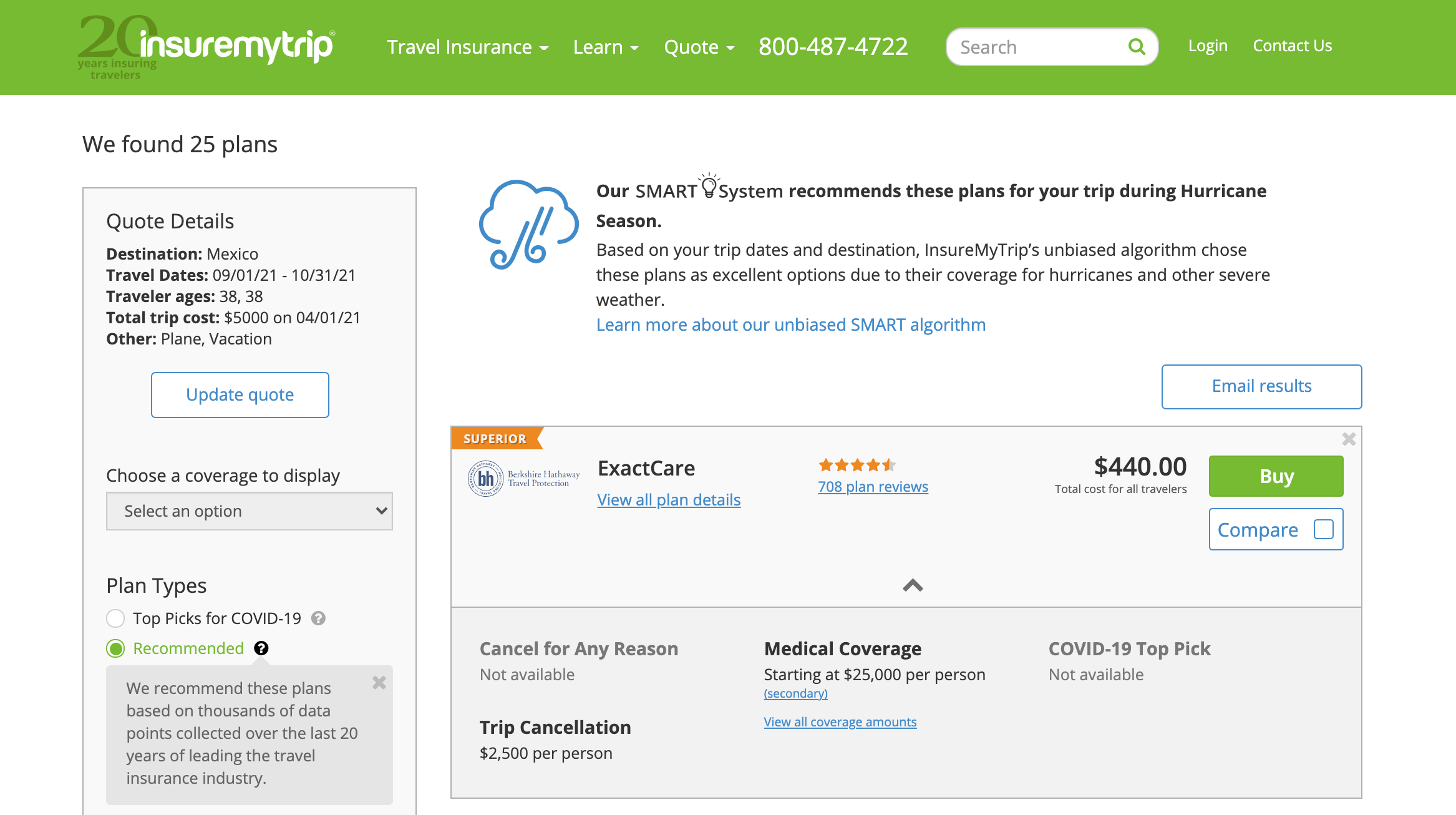 Results page from InsureMyTrip.com for travel insurance for a hypothetical trip to Mexico