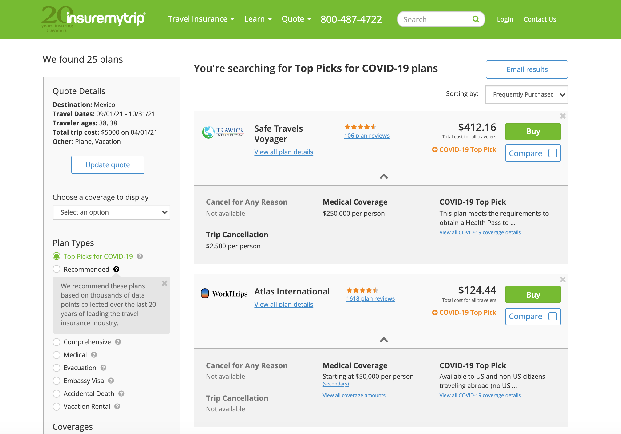 Filtered results from InsureMyTrip.com for COVID-19-specific travel insurance