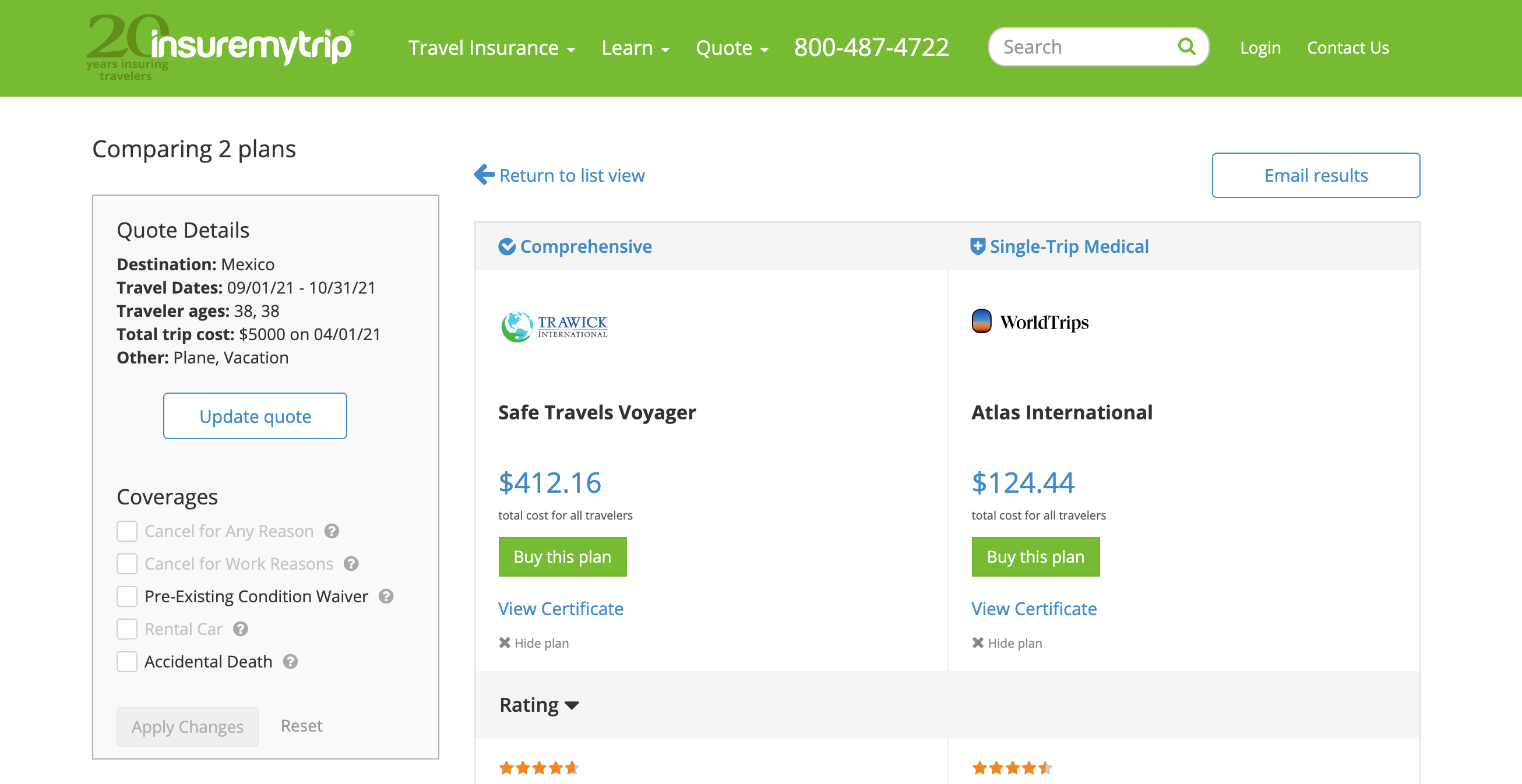 A side-by-side comparison of two travel insurance plans at InsureMyTrip