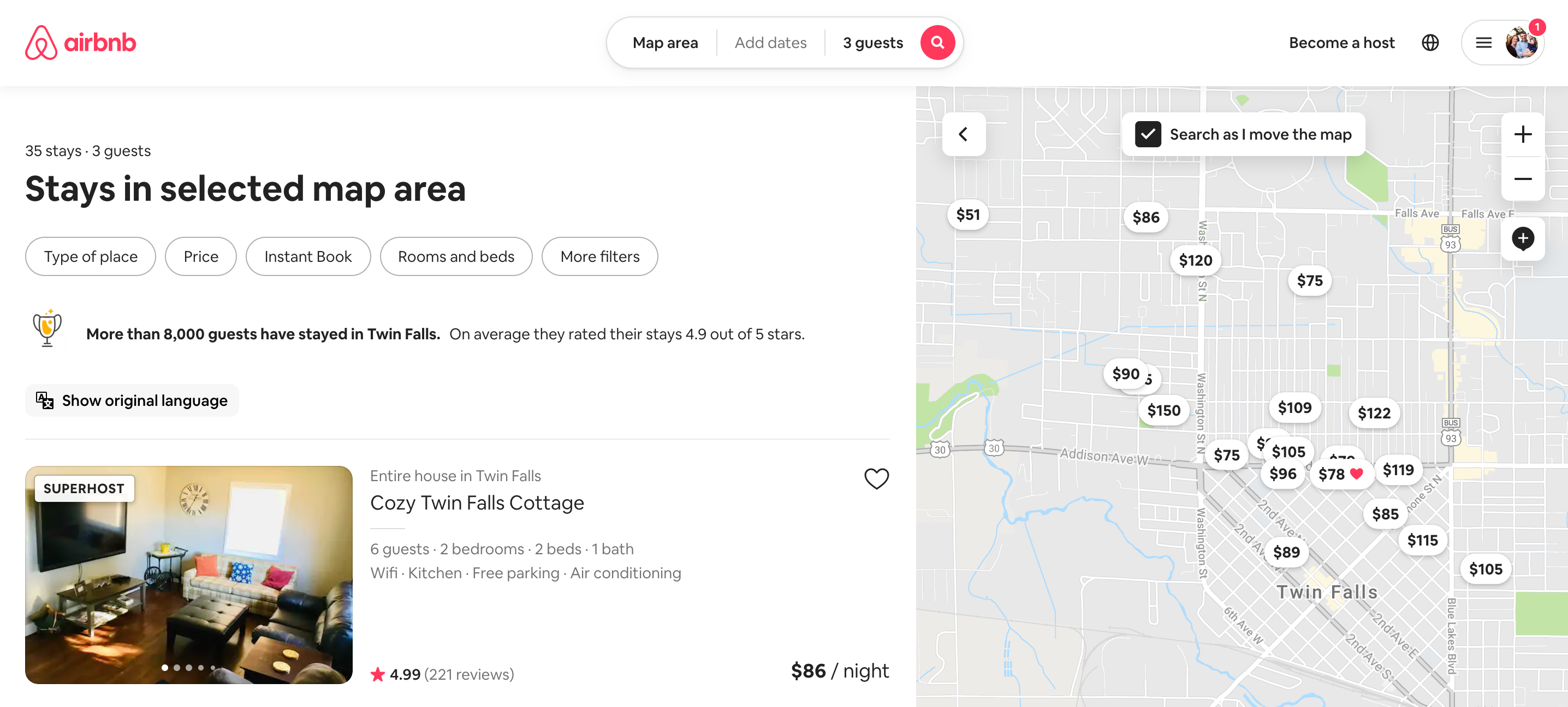 Airbnb map of properties in Twin Falls, Idaho