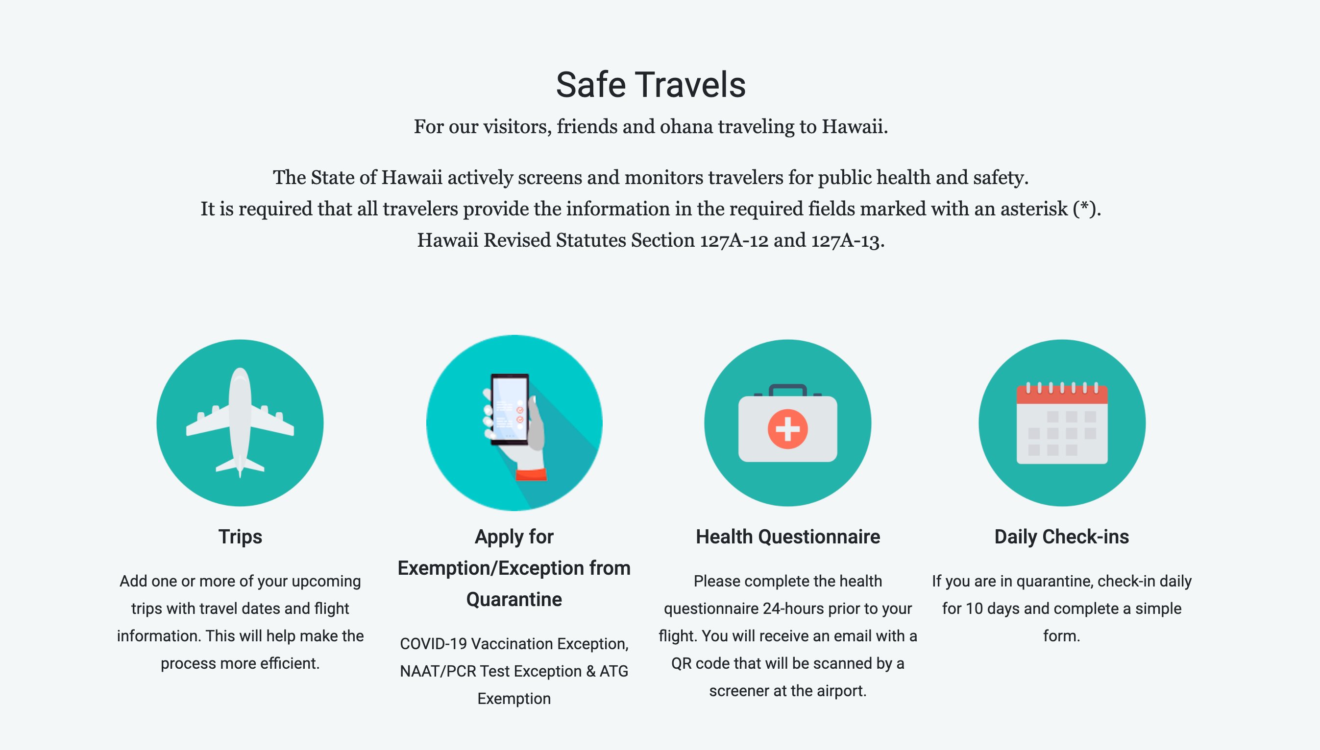 Safe Travels Hawaii welcome screen.