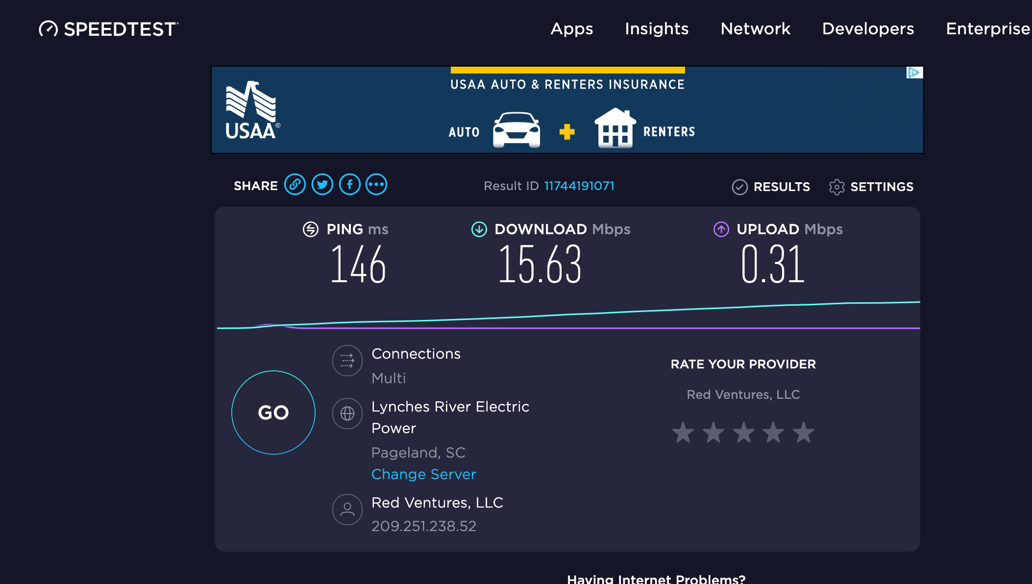 (Screenshot of a WiFi speed test courtesy Ookta)