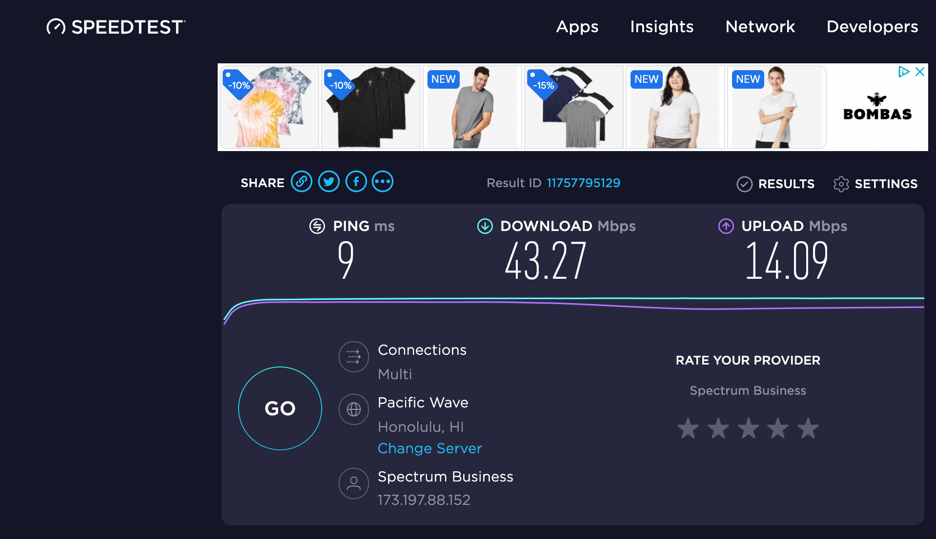(Screenshot showing internet speed test by Ookla)