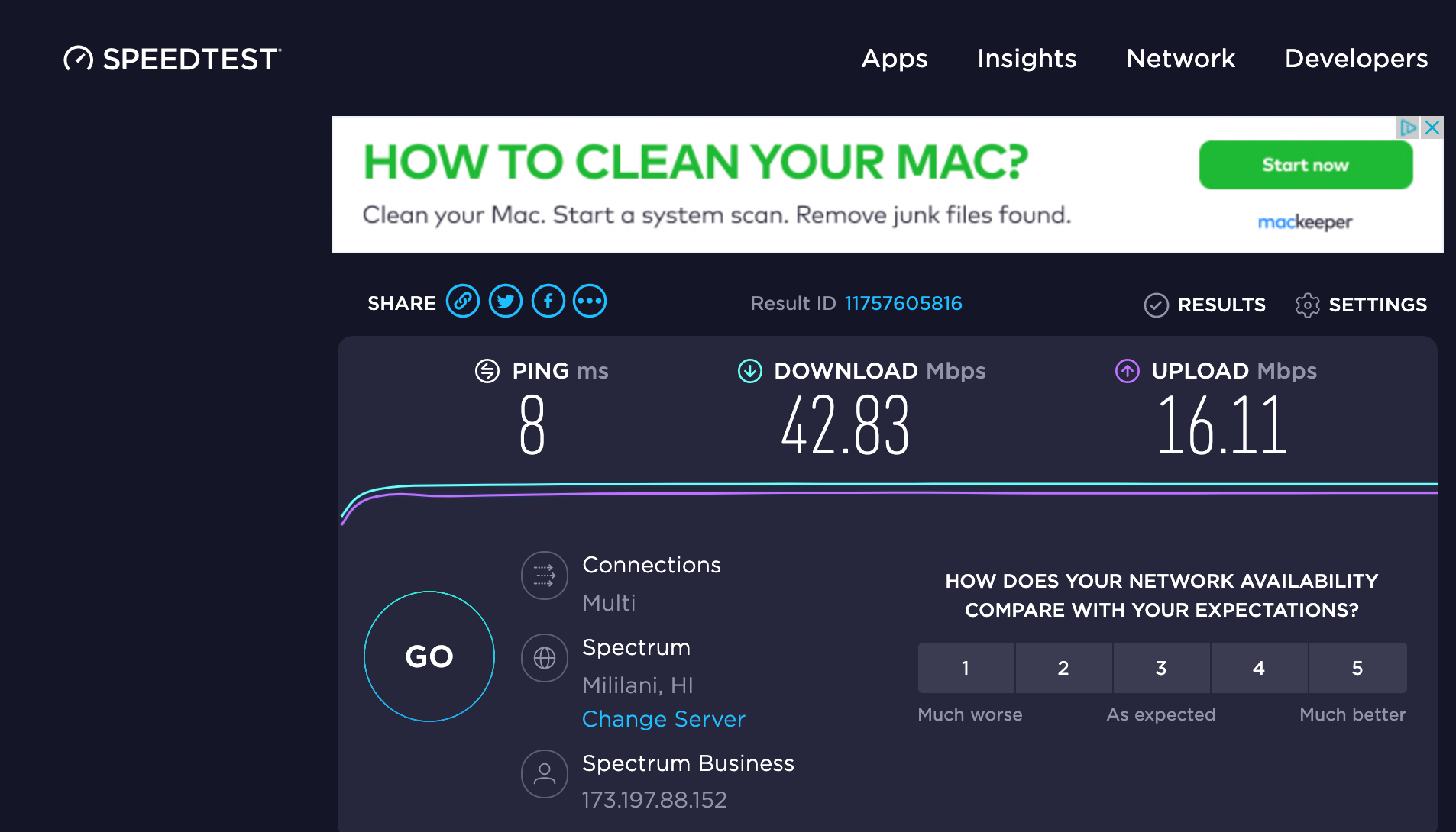(Screenshot showing internet speed test by Ookla)