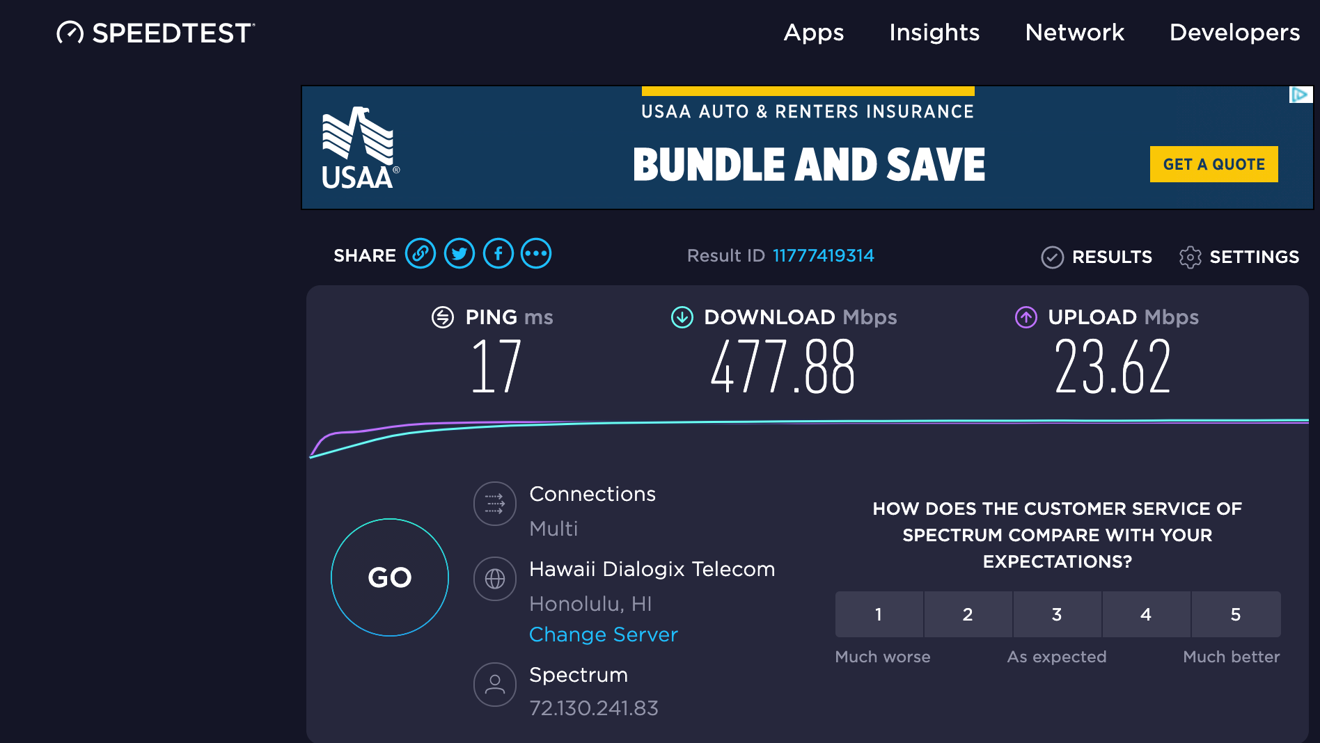 (Screenshot of an Ookla WiFi speed test