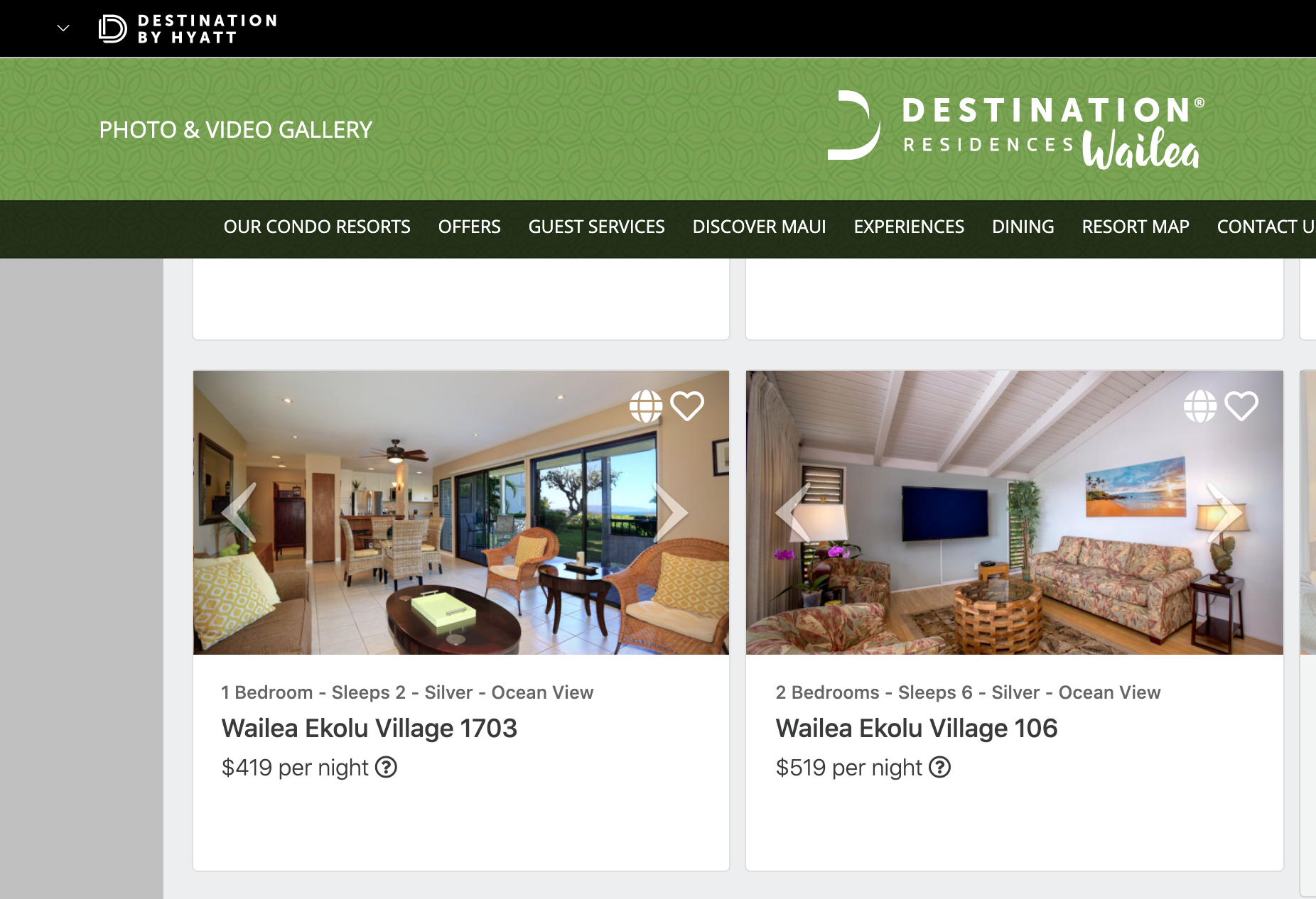 Screenshot showing price of unit in Destination Residences in Wailea, Hawaii