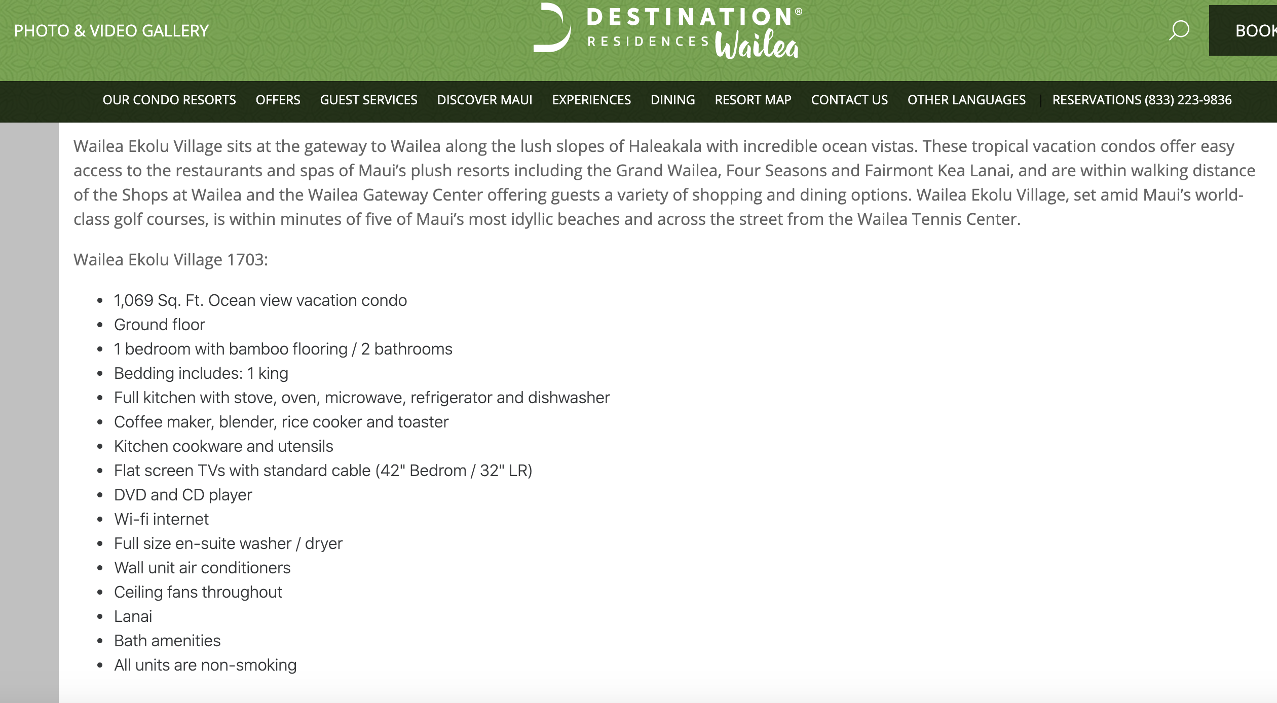 Screenshot showing amenities at Destination Residences Wailea.
