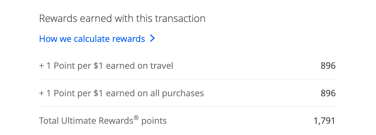 Screenshot from Chase Bank showing how many points I got for my Turo rental car. 
