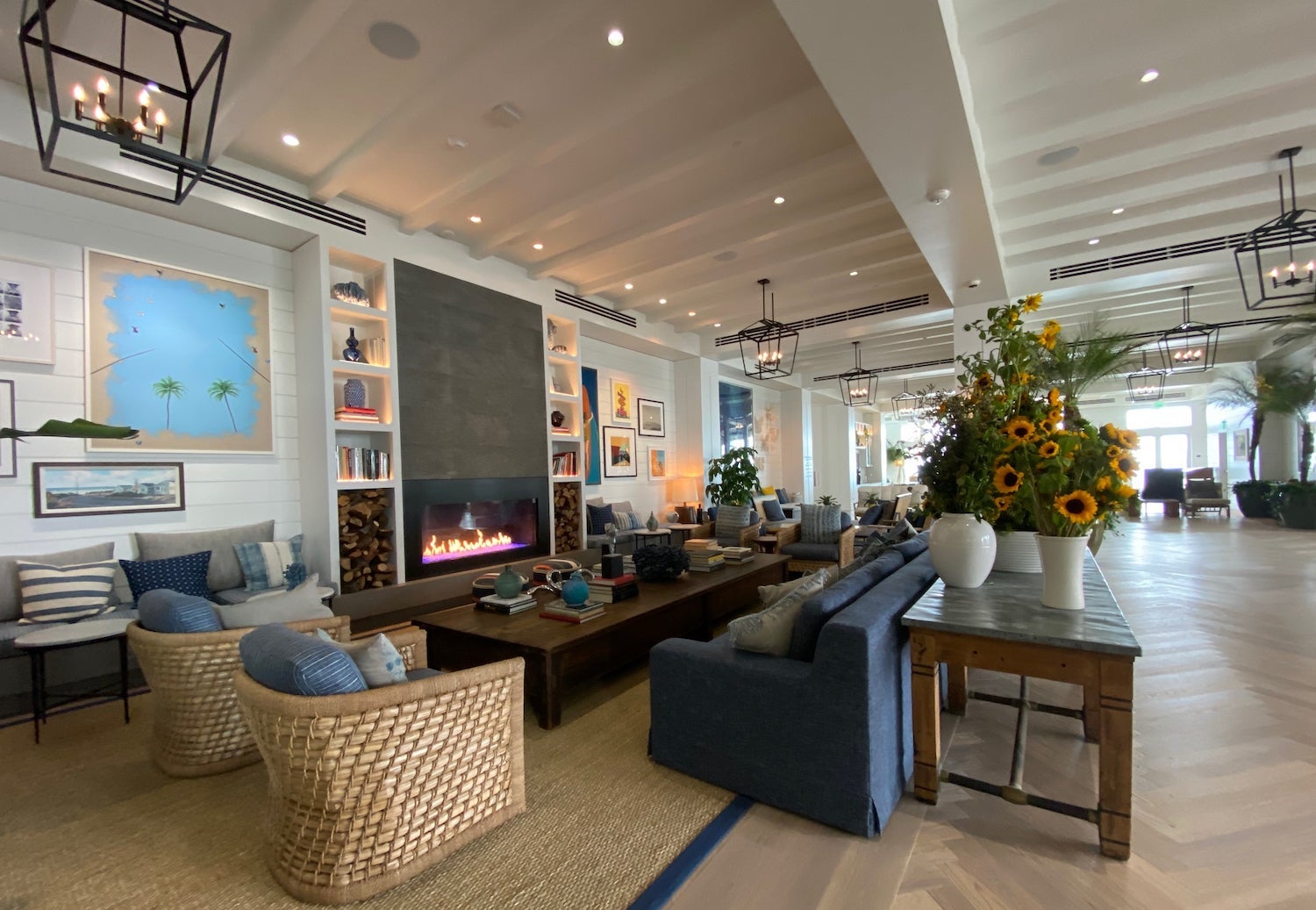 Seabird Resort lobby seating and fireplace