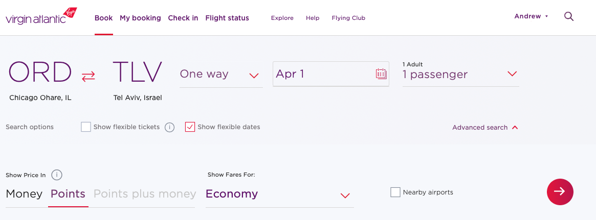 Searching for a flight on the Virgin Atlantic website