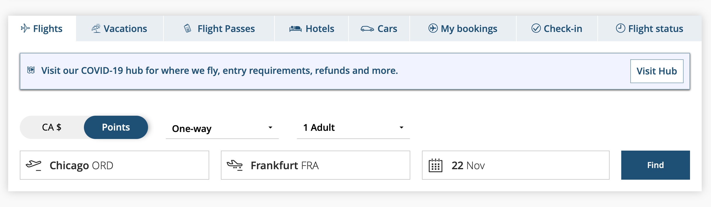 Searching for an ORD to FRA award ticket on the Air Canada website