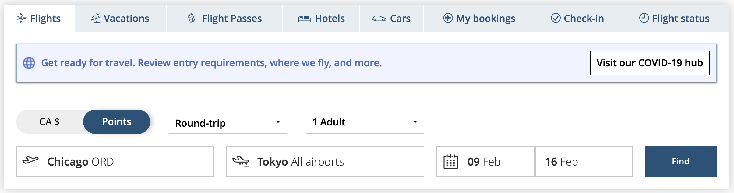Searching for an award ticket on Air Canada's website