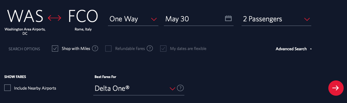 Searching for flights on the Delta website