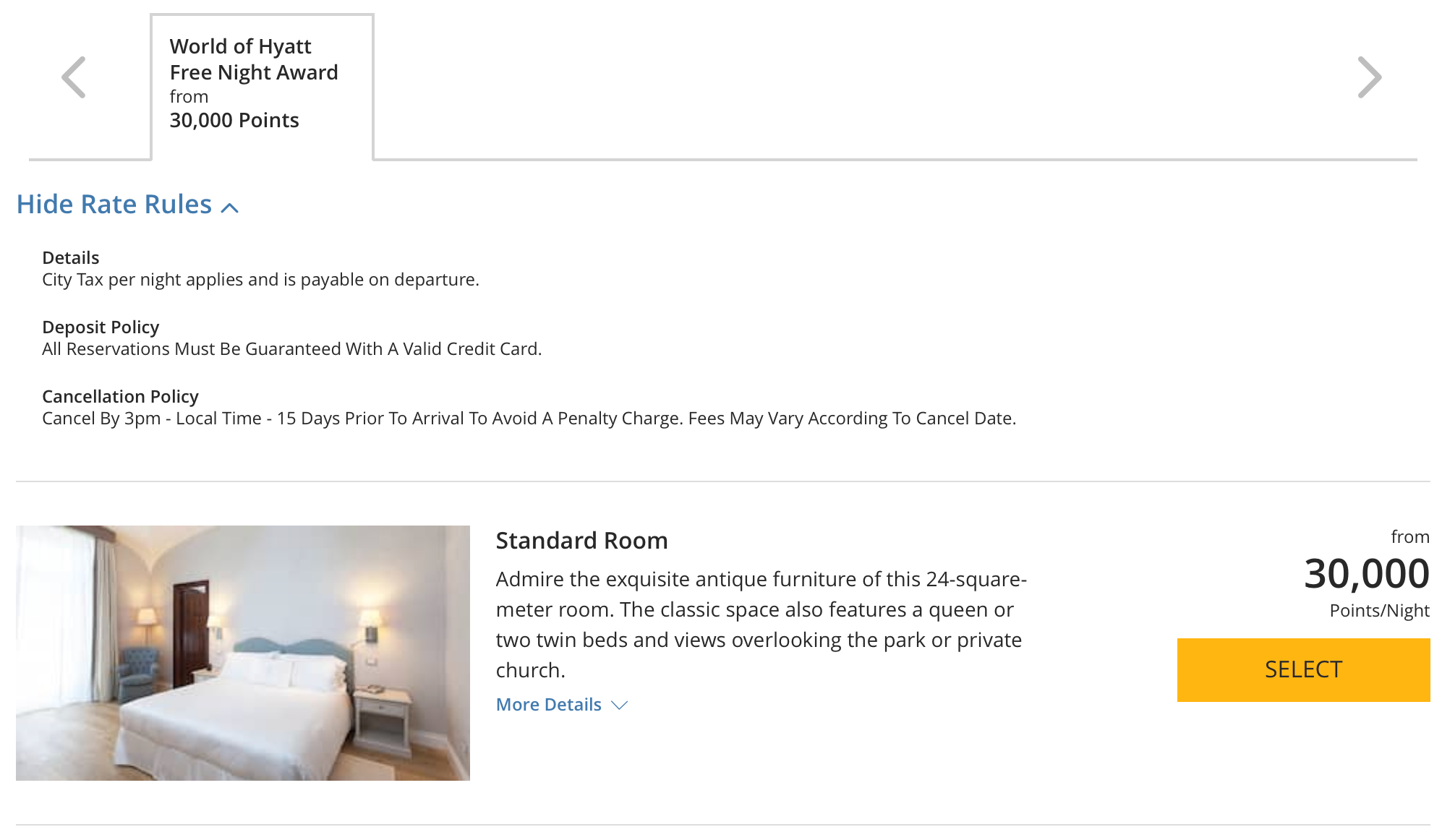 Selecting Hyatt award night room