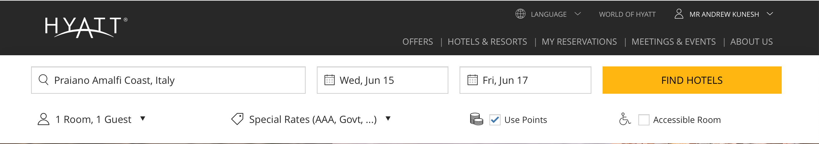 Setting up a search on the Hyatt website