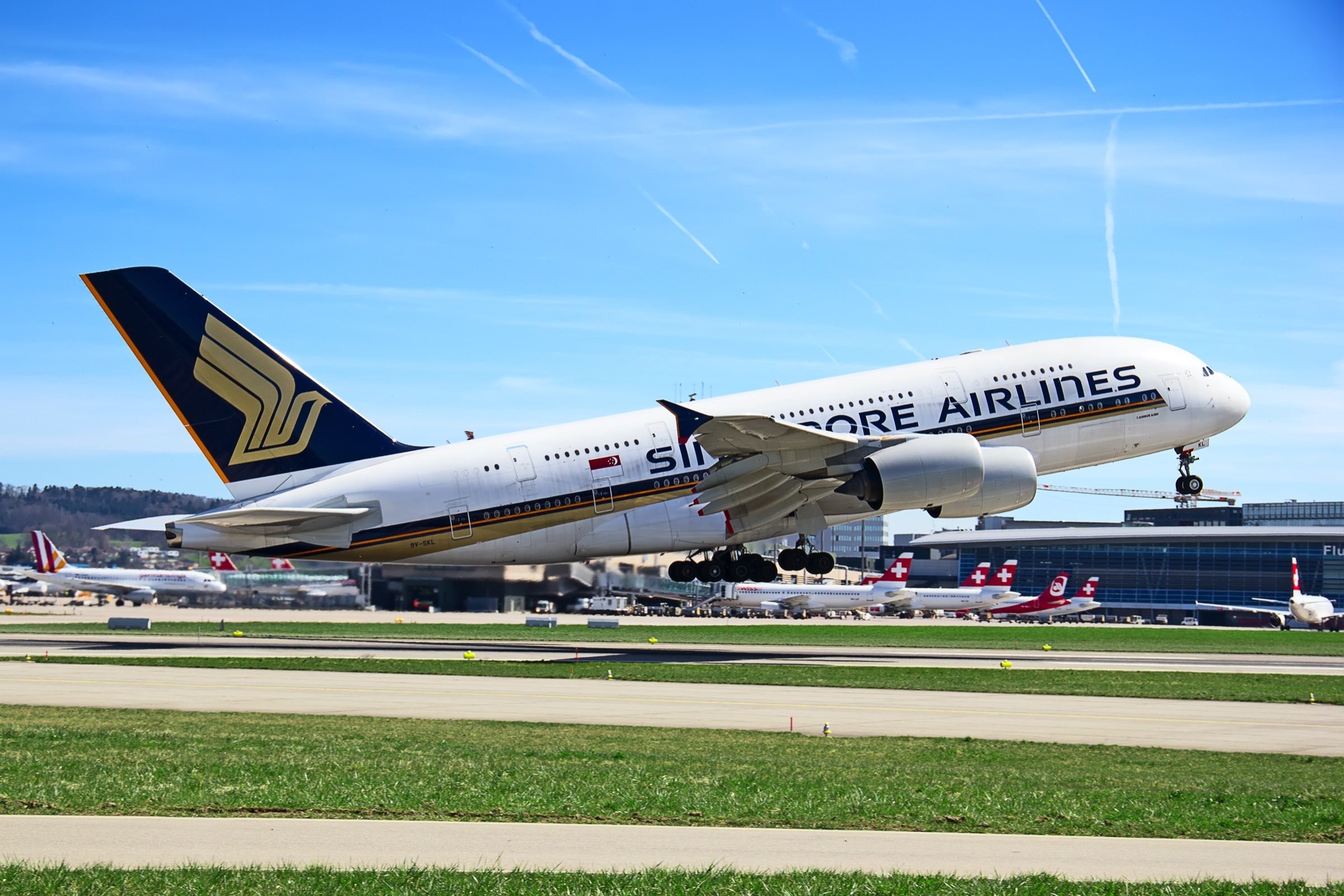 Singapore Airlines A380 departing Zurich airport
