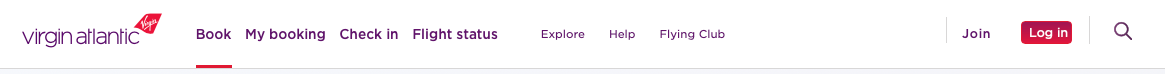 The log in and join buttons at the top of the Virgin Atlantic website