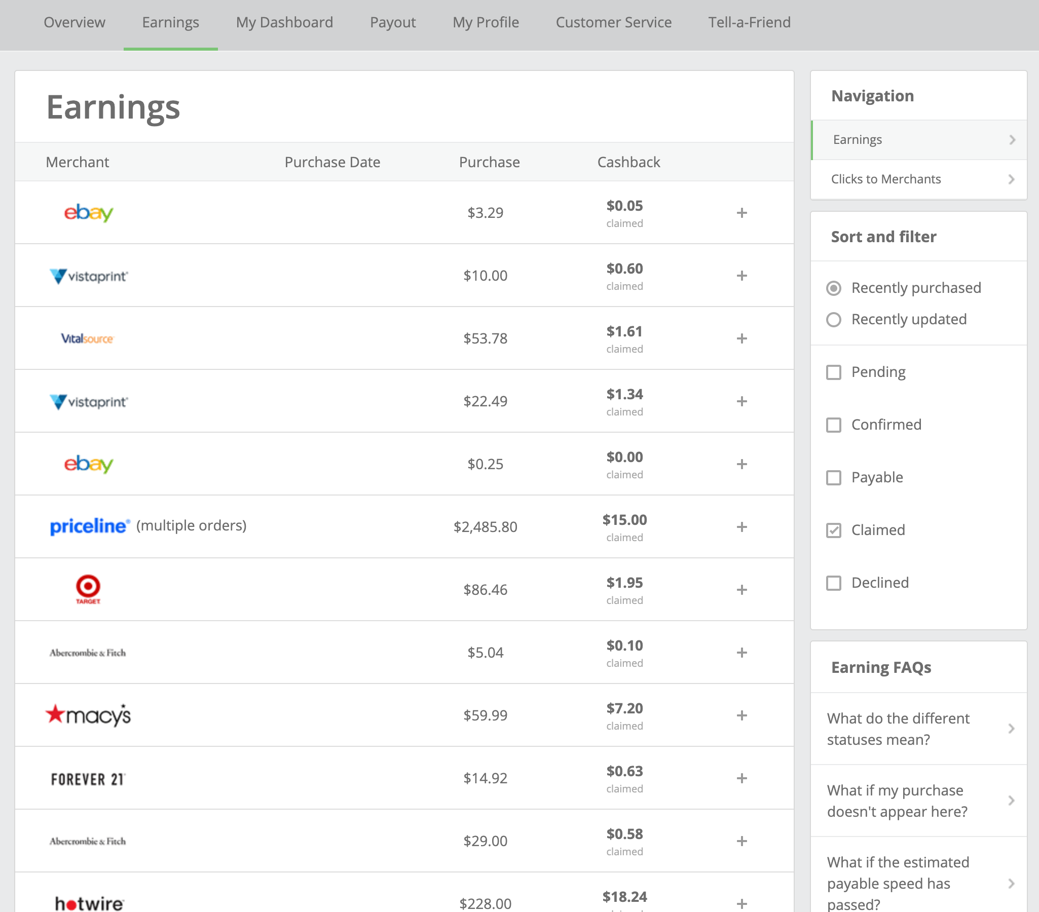 a screenshot showing confirmed transactions on TopCashback