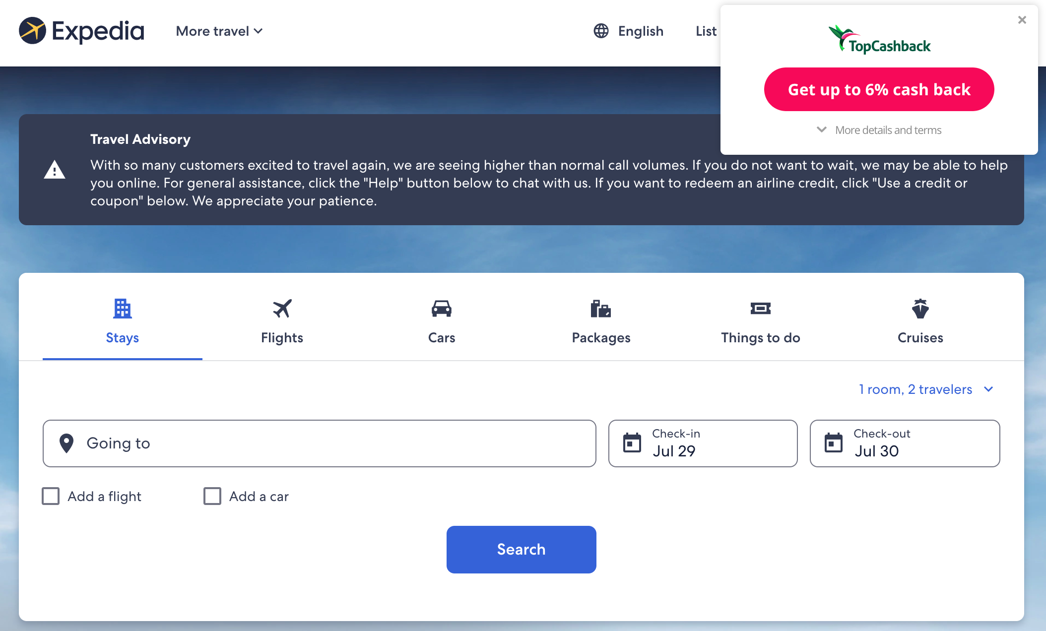 a screenshot showing an alert from TopCashback on the Expedia website