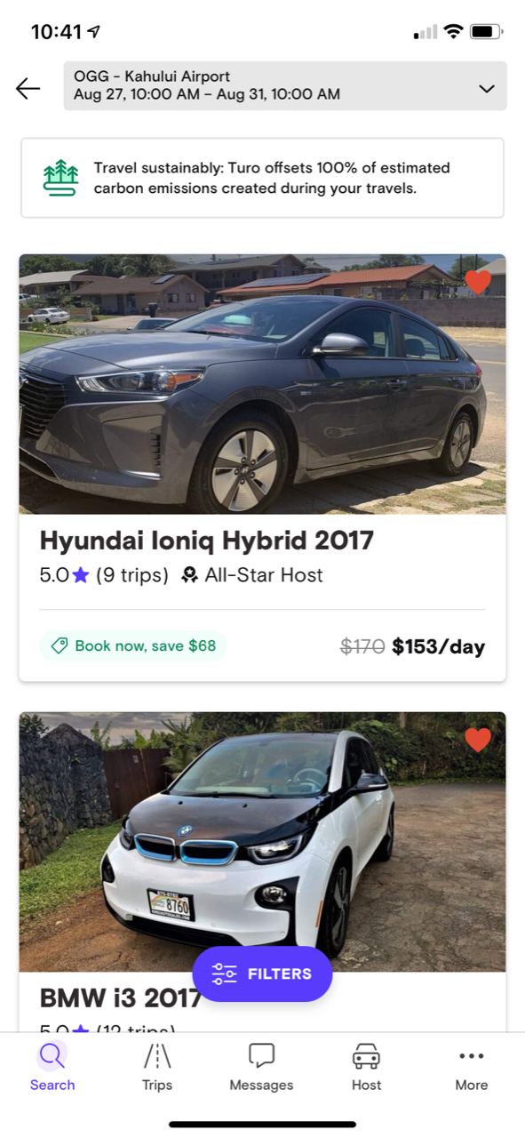Turo August options in Maui. (Screenshot courtesy Turo)