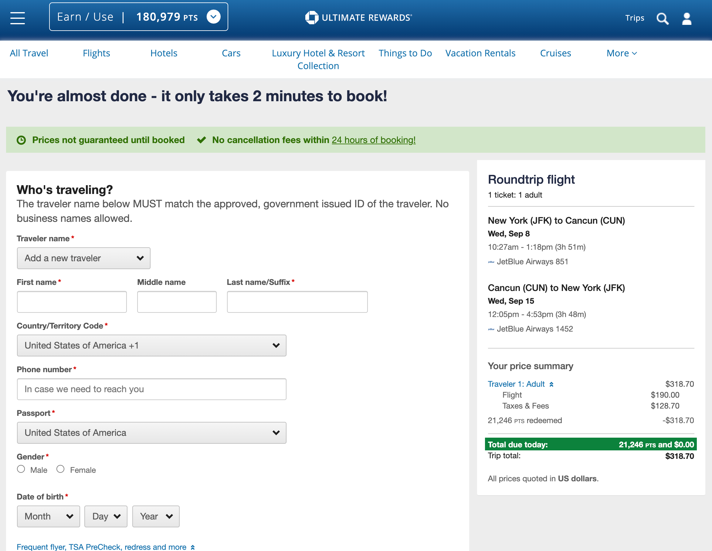 UR travel portal checkout
