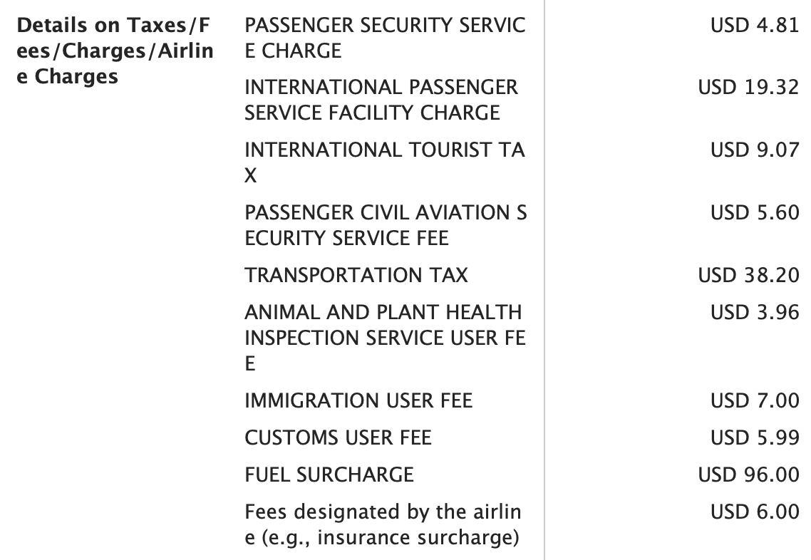 ANA first class taxes and fees on round-trip ticket