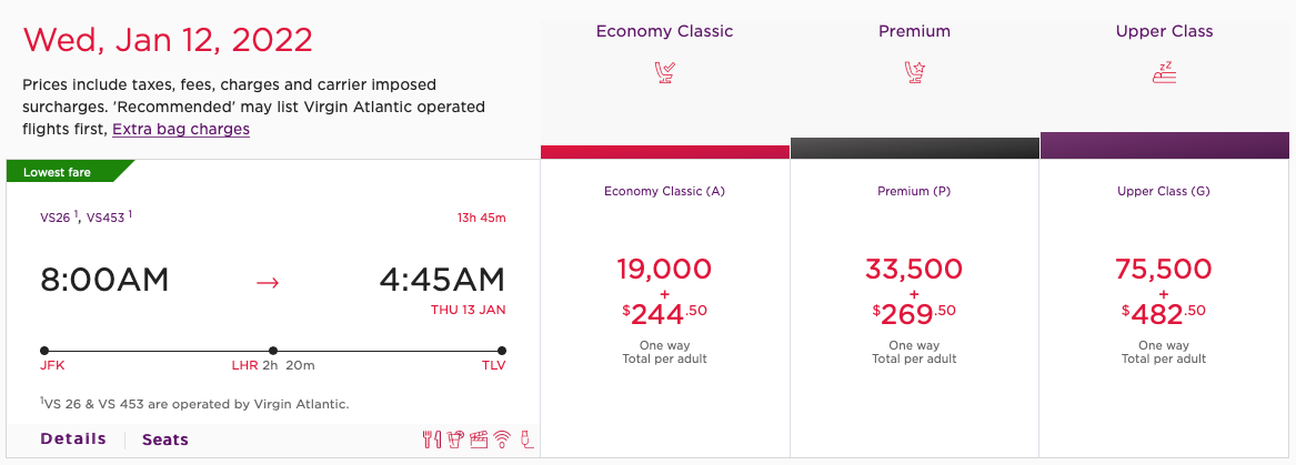 Virgin Atlantic award pricing JFK to TLV via LHR