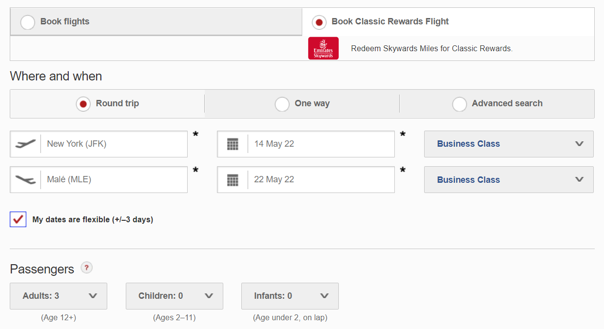 Booking an Emirates business class award flight