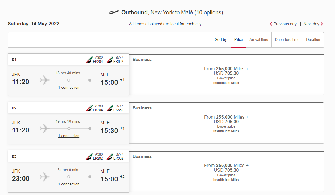 Booking an Emirates business class award flight