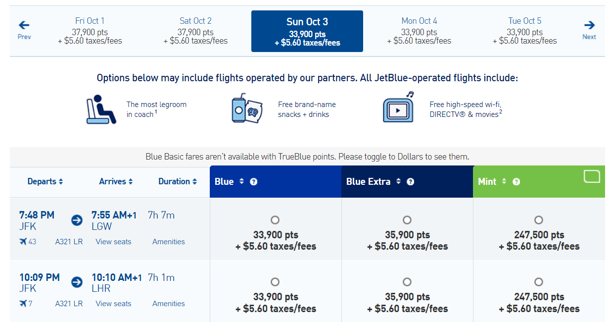 JetBlue award availability from JFK to London in October 2021